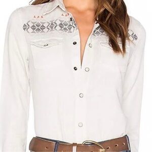 Mother Denim All My Exes White Embroidered Button-Up Western Shirt Womens S